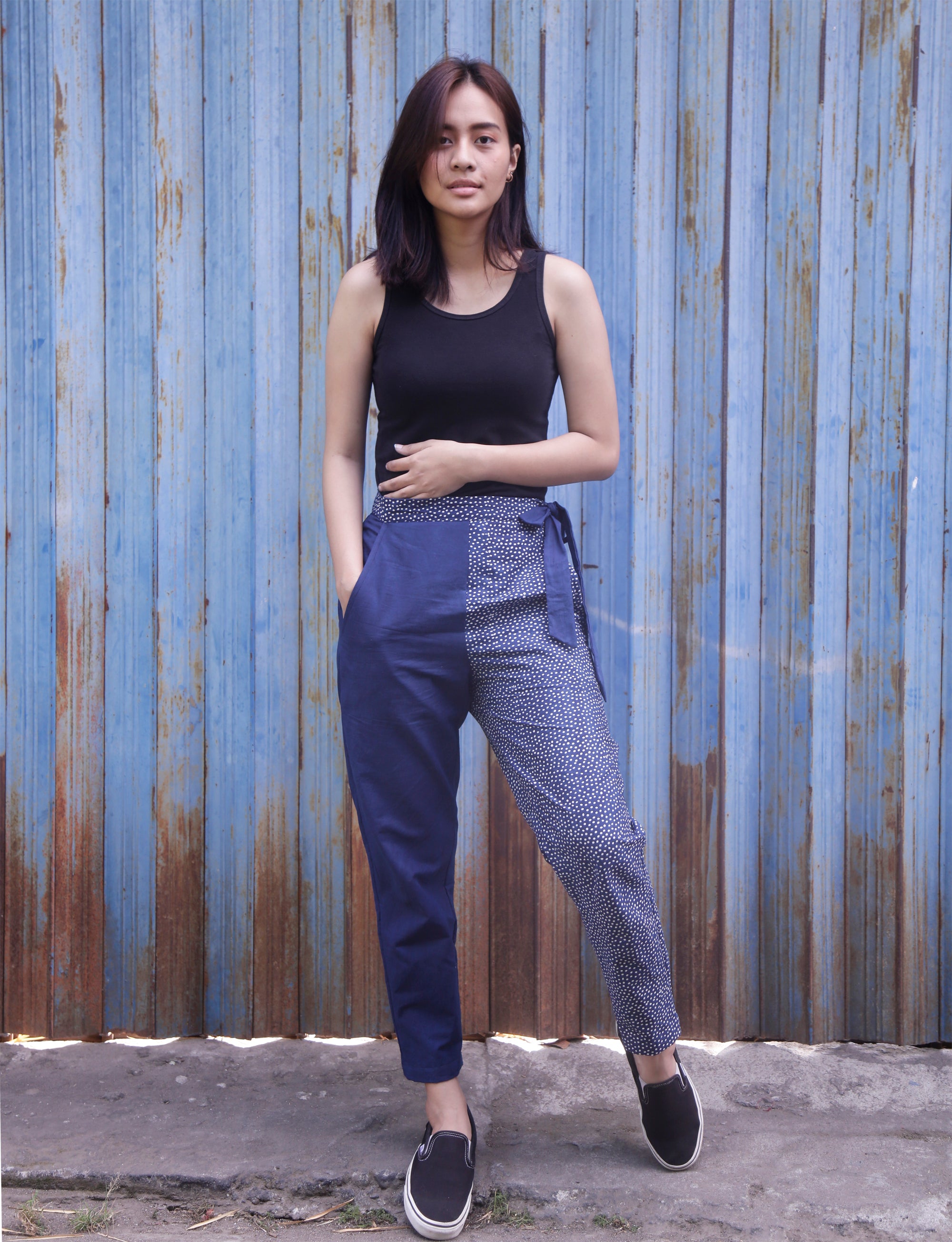 Side Tie Pants / Block Printed - Seed / Indigo