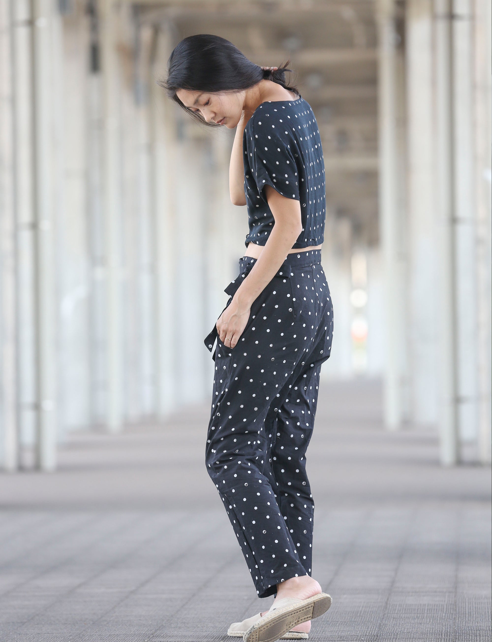 Side Tie Pants / Block Printed - Smiley / BK