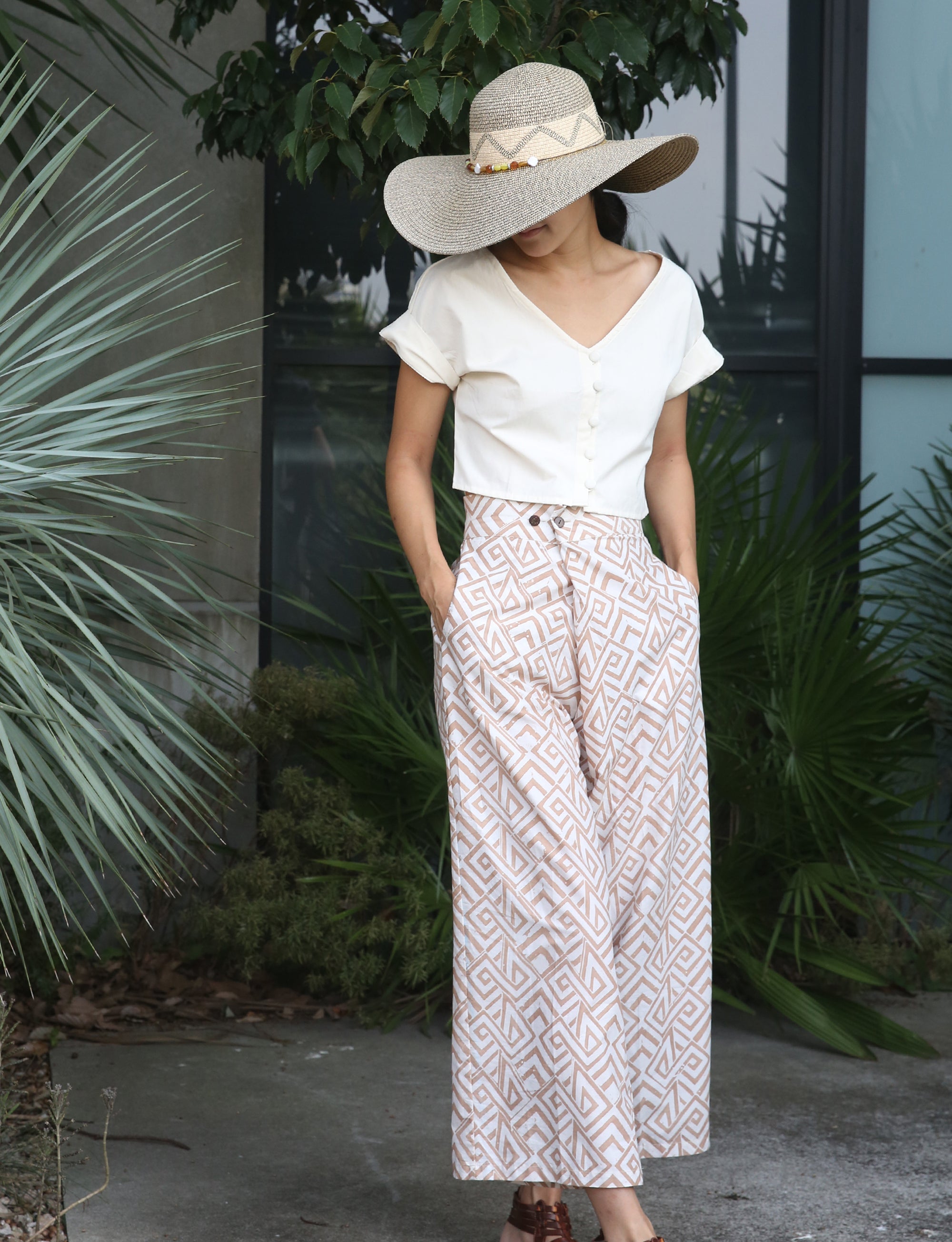 Wide Pants / Block Printed - Zigzag / Terra cotta