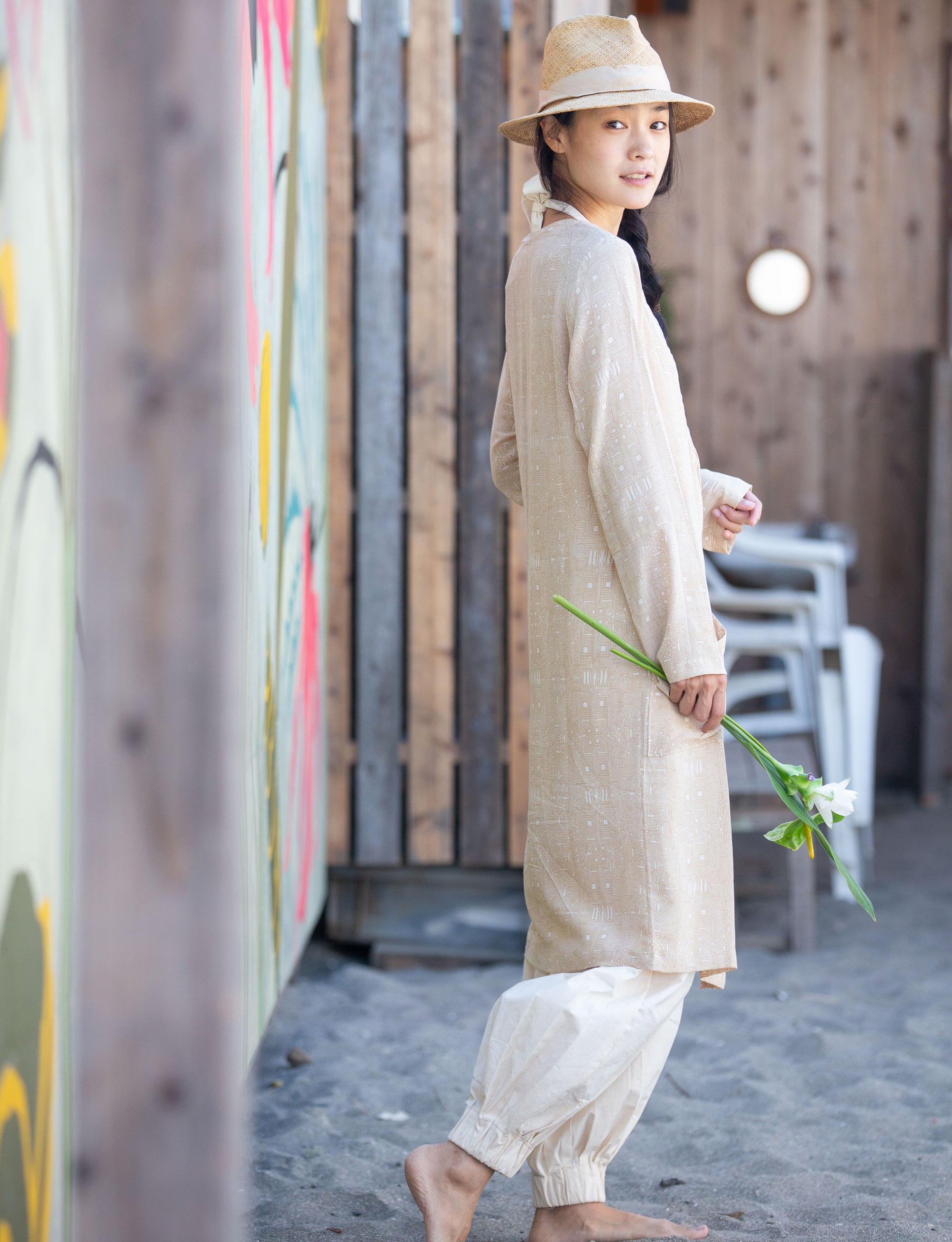 Long Shirt / Block Printed - Time / Sand