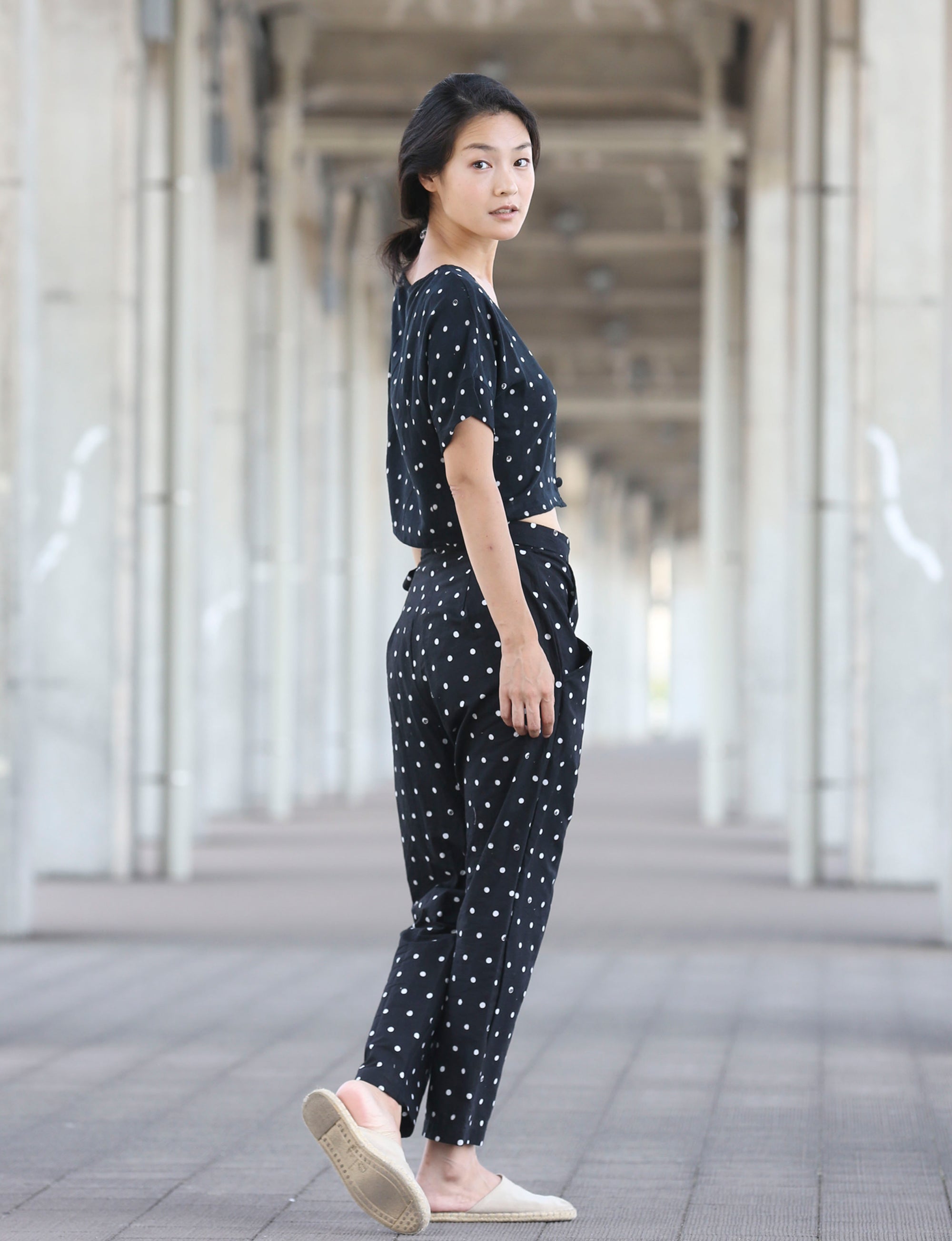 Side Tie Pants / Block Printed - Smiley / BK