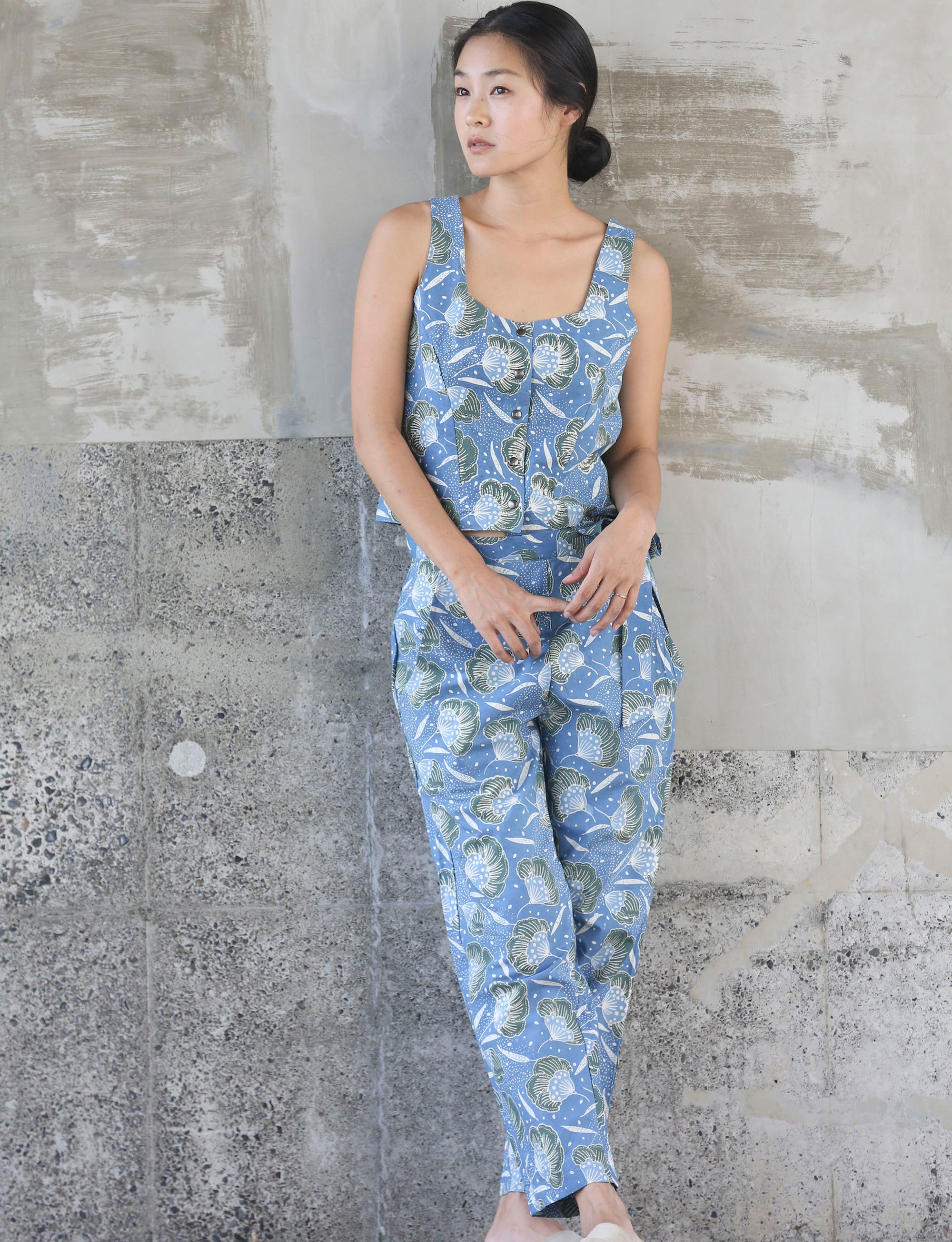 Top & Pants Set / Block Printed - Flower / Indigo